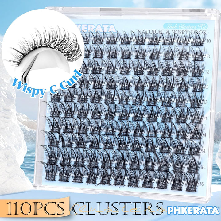 Natural Lash Clusters Wispy Eyelash Clusters 110Pcs Cluster Eyelash Extensions C Curl Individual Lashes 10-16MM Mix Length Natural Look Lashes Clusters with Thin Lash Band, Black