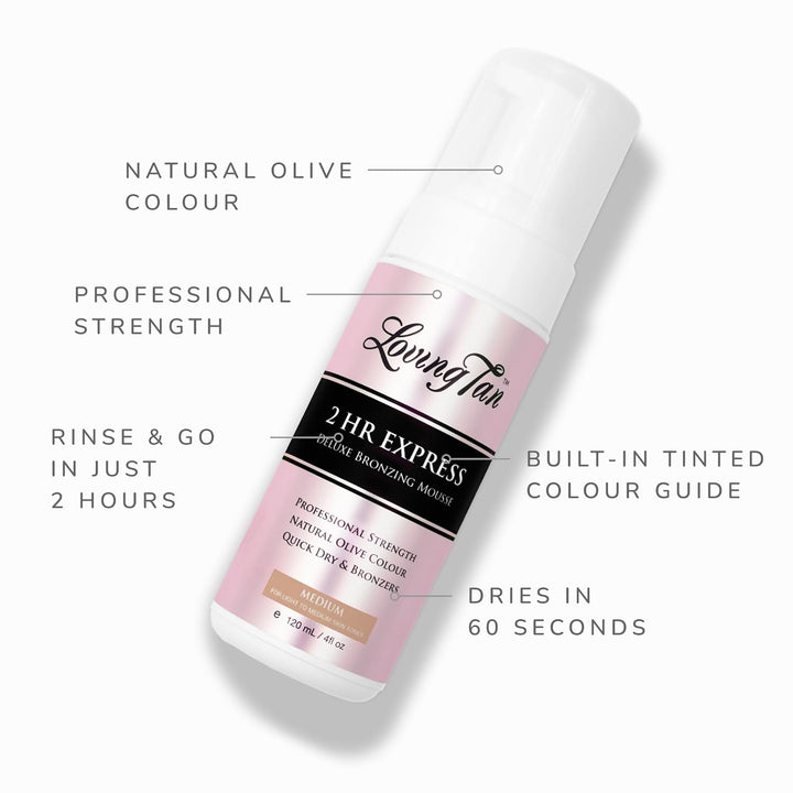 2 HR Express Self Tanning Mousse, Medium - Streak Free, Natural, Professional Quality - 5+ Sunless Self Tanner Applications per Bottle, Cruelty Free, Naturally Derived DHA - 4 FL Oz