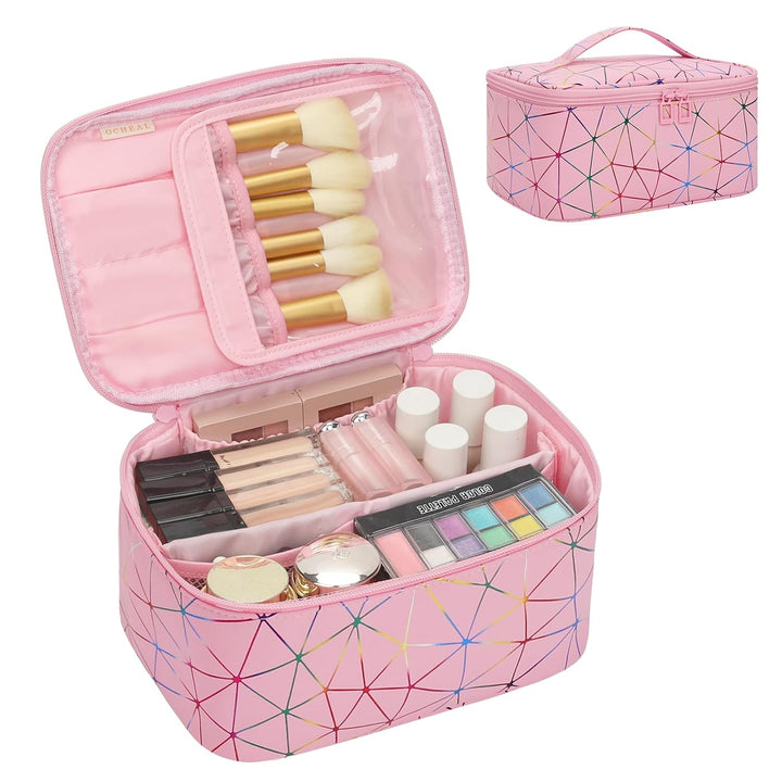 Makeup Bag, Portable Cosmetic Bag, Large Capacity Travel Makeup Case Organizer, Black for Women Toiletry Bag for Girls Traveling with Handle and Divider