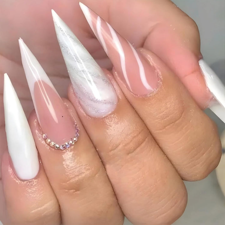 Stiletto Press on Nails Extra Long Fake Nails with Glue Glossy False Nails with Black Gradient Designs Full Cover Almond Acrylic Nail 24Pcs