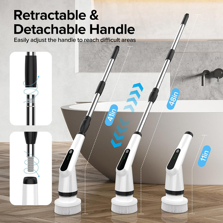 Electric Spin Scrubber,  IPX7 Bathroom Scrubber with 7 Replaceable Brush Heads & Retractable Handle, 2-Speed Adjustable Shower Cleaner Brush for Bathroom, Bathtub, Kitchen, Tile Floors