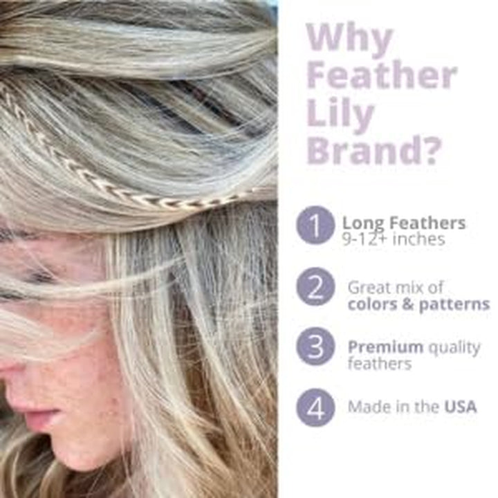 Natural Hair Feathers, Real Long Feather Hair Extensions with Bead Loop Kit, 20 Long Thin Tie Dye Ginger Brown and Black and White Grizzly Striped Ombre Bayalage Plumes