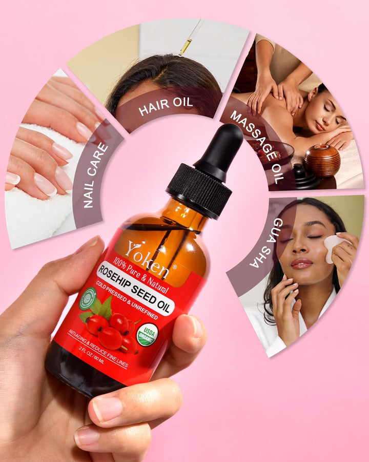 Organic Rosehip Seed Oil for Face,100% USDA Pure Rosehip Oils for Skin,Scars,Hair & Nails.2 Fl Oz Cold Pressed Rose HIPS Oils for Skin Care, Anti-Aging, Scar Treatment, GUA SHA Massage Carrier Oil
