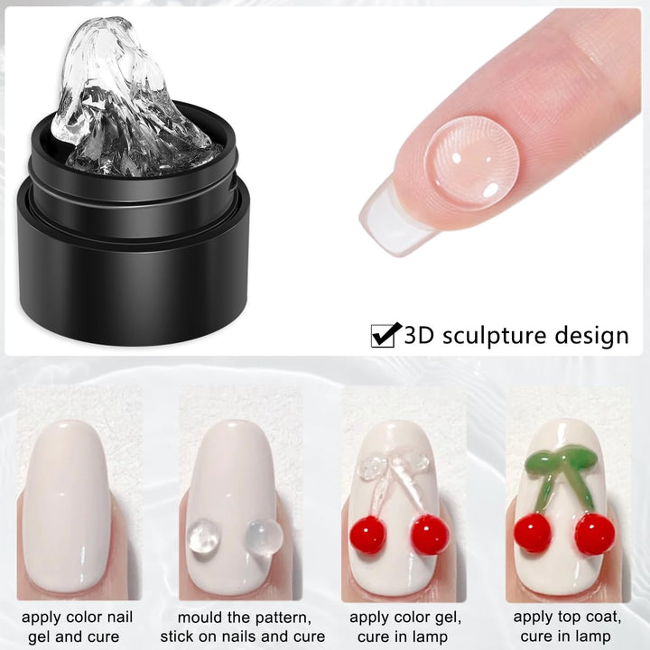2PCS Clear 3D Sculpting Gel Kit - Non-Sticky Hand Carving Gel with Silicone Pen for Nails 3D Flowers Nail Design Manicure Salon Supplies