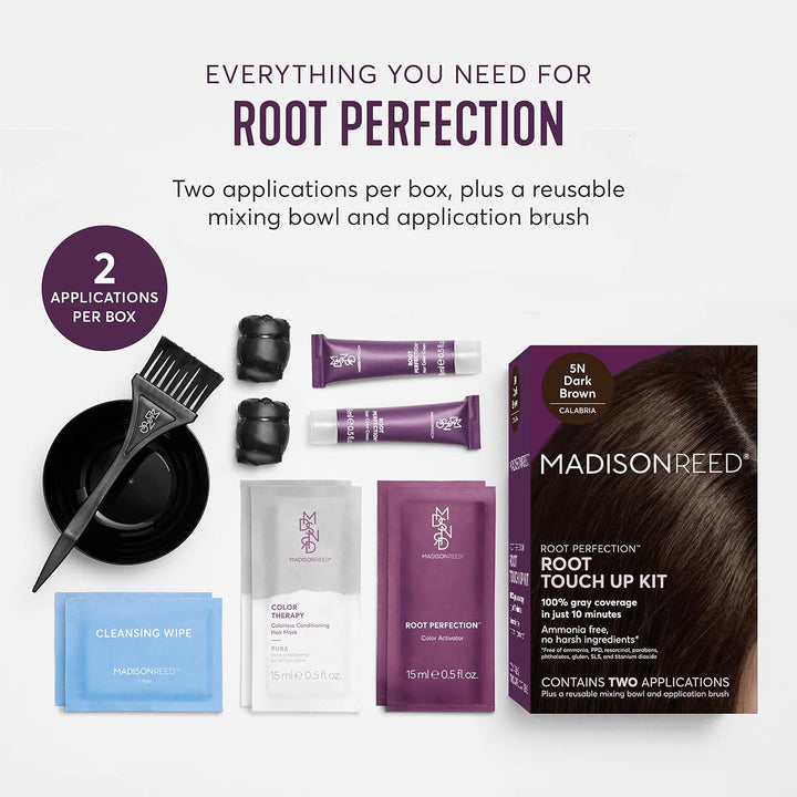 Root Perfection Permanent Root Touch Up, Dark Brown 5N Calabria, 10 Minutes for 100% Gray Root Coverage, Ammonia-Free Hair Dye, Two Applications