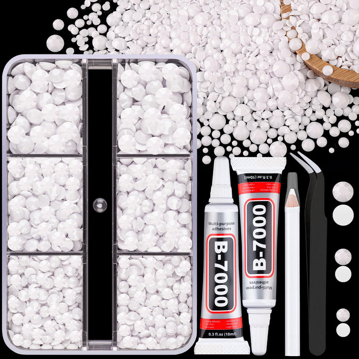 13000Pcs Flatback Pearls for Crafting (White), Assorted Size 2/3/4/5/6/8/10Mm Half Pearl Bead Gems with 3Pcs 10Ml B7000 Jewelry Glue, Bedazzling Kit for Crafts Shoes Graduation Cap Nail Art