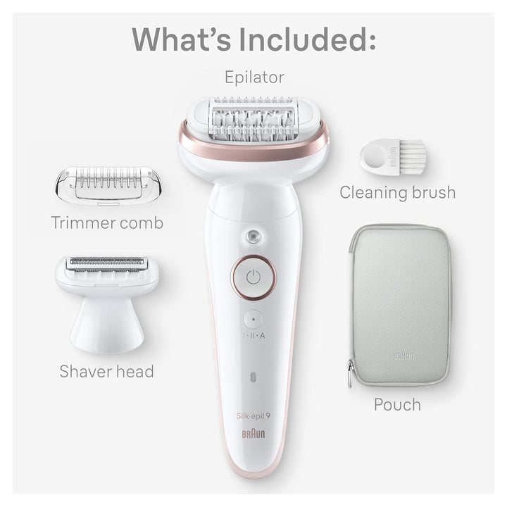 Epilator Silk-Épil 9, Hair Removal Device, Women Shaver & Trimmer, Pivoting Head, Wet and Dry Epilator, Includes Shaver Head and Trimmer Comb, SES9-030