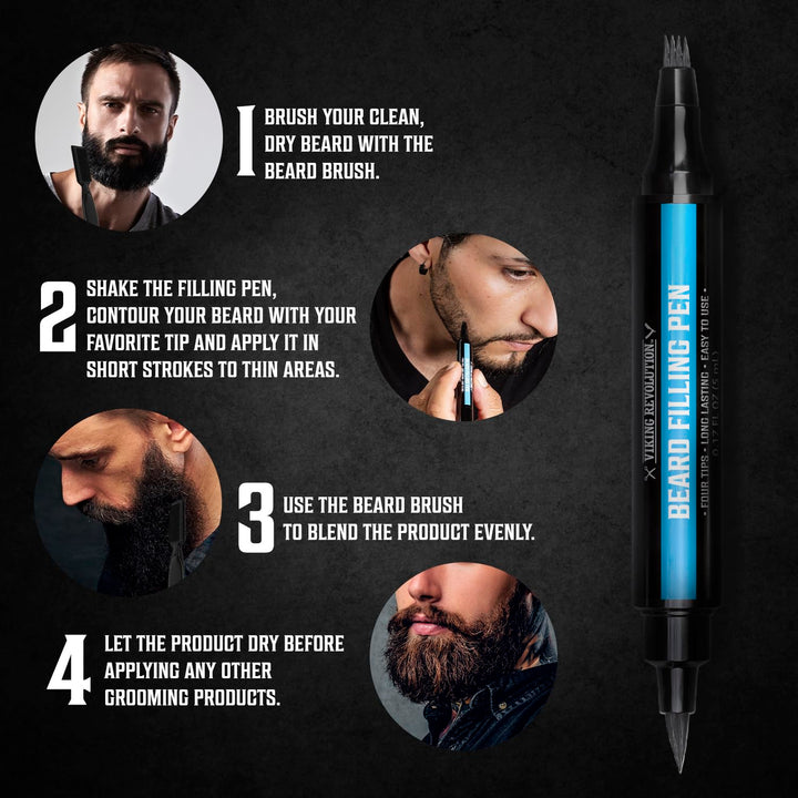 Beard Pen (2 Pack) - Black Beard Pencil Filler for Men Lapiz Para Barba De Hombre - Beard Filler for Men Waterproof Beard Filling Pen Kit - Long Lasting Beard Filler Pen with Brush