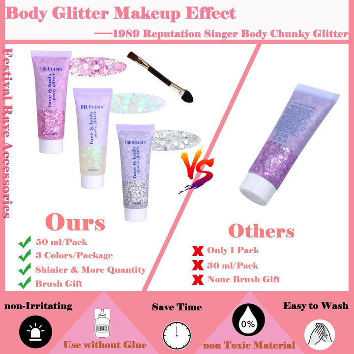Body Glitter Face Glitter Gel: Singer Concerts Disco Festival Rave Accessories Face Glitter Makeup 150Ml Chunky Sequins Mermaid Face Body Hair Glitter Gel (White&Silver&Pink)