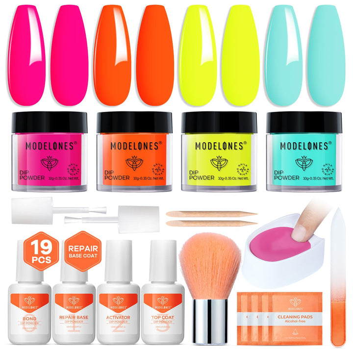 Dip Powder Nail Kit, 4 Colors Fall Orange Glitter Dipping Starter Set with Liquid and Complete Accessories for French Nails Art Salon DIY at Home Manicure