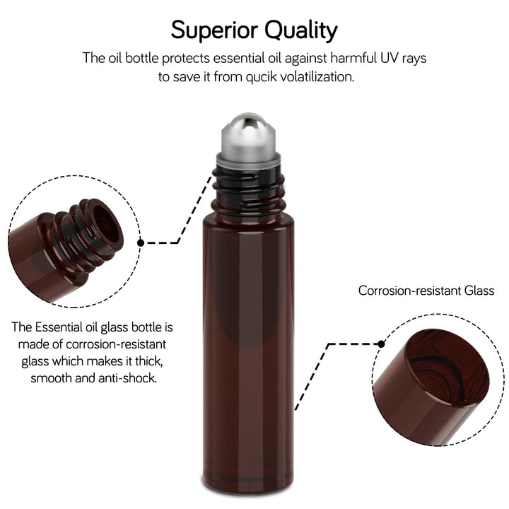 Set of 12, 10 Ml Amber Glass Roller Bottles for Essential Oil with Stainless Steel Roller Ball - Refillable Leak-Proof Empty Roll on Bottles with Black Caps for Travel, Perfume, Lab