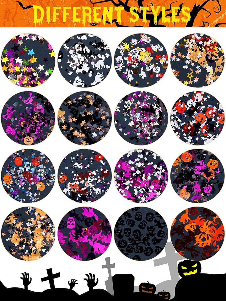 3 Boxes Halloween Nail Art Glitter Sequins, 3D Holographic Skull Spider Pumpkin Bat Ghost Witch Halloween Confetti Glitter for DIY Nail Art Halloween Party, Multicolor