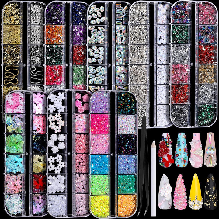 Nail Charms, Nail Rhinestones Kit with 8 Boxes of Nail Gems, 3D Charms for Nails, Colorful Clear Flatback Rhinestones, Multi Shape Pearls Jewels Crystals for Craft