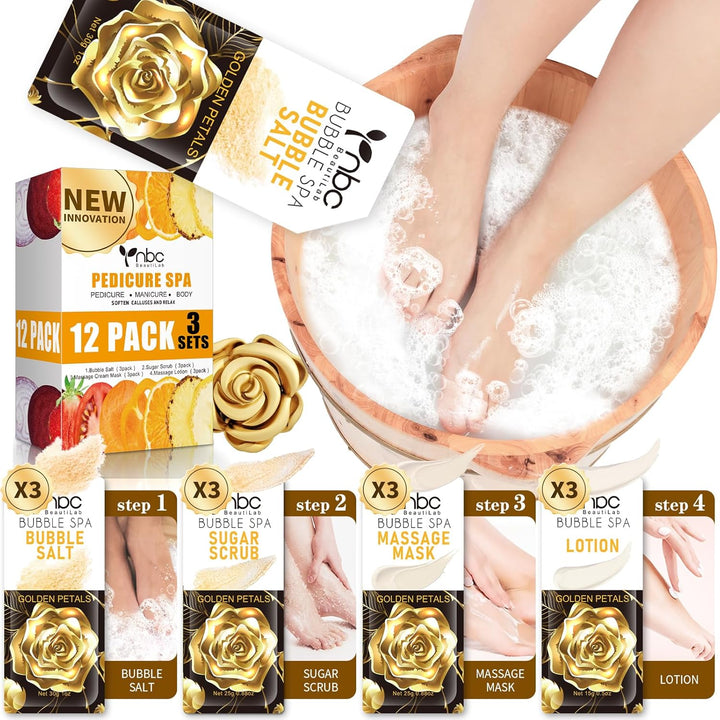Pedicure Kit Foot Soak Set: Bubble Salt, Sugar Scrub, Massage Mask, Massage Lotion in a Box, 4 Step Foot Spa Kit for Dry Feet,Tired Feet（1 Set Lavender)