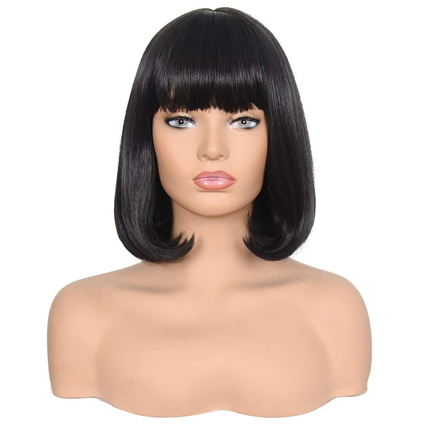 Short Straight Bob Wig Heat Resistant Hair with Blunt Bangs Natural Looking Cosplay Costume Daily Wigs (14", 2# Black)