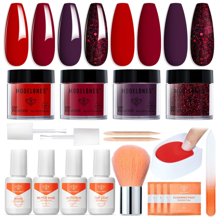 Dip Powder Nail Kit, 4 Colors Fall Orange Glitter Dipping Starter Set with Liquid and Complete Accessories for French Nails Art Salon DIY at Home Manicure