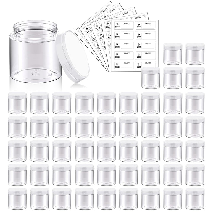 50 Pack 4 OZ Plastic Jars round Clear Cosmetic Container with Black Lids,  Slime Jars for Lotion, Cream, Ointments, Makeup, Eye Shadow, Rhinestone, Samples, Pot, Travel Storage