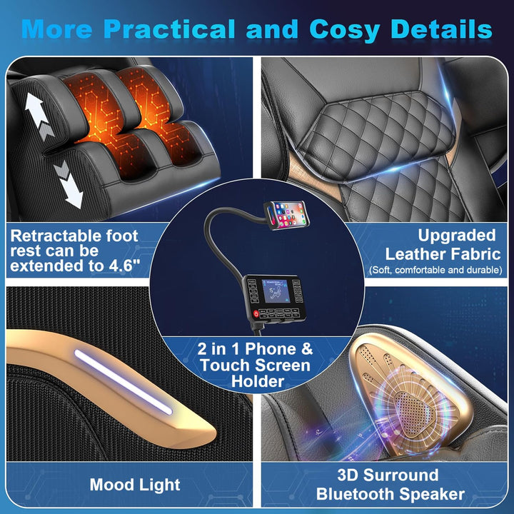 Massage Chair Full Body, Zero Gravity Massage Chair 2025 for Back Fatigue with 10 Fixed Rollers, Airbags, Phone Controller, Heating, Bluetooth Speaker, Nightlights for Living Room, Bedroom