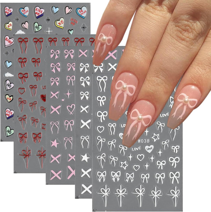5D Embossed White Flowers Nail Stickers, 5 Sheets Self-Adhesive Floral Nail Decals, Spring Rose Butterfly Nail Art, 3D Acrylic Flowers for Manicure Decor