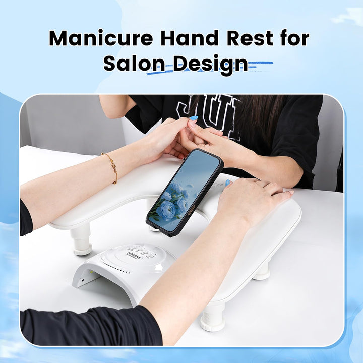 U Shaped White Manicure Arm Rest for Nails Tech with Rotating 360°Built-In Phone Holder and Adjustable Nail Arm Rest Detachable Manicure Hand Rest for Salon Design