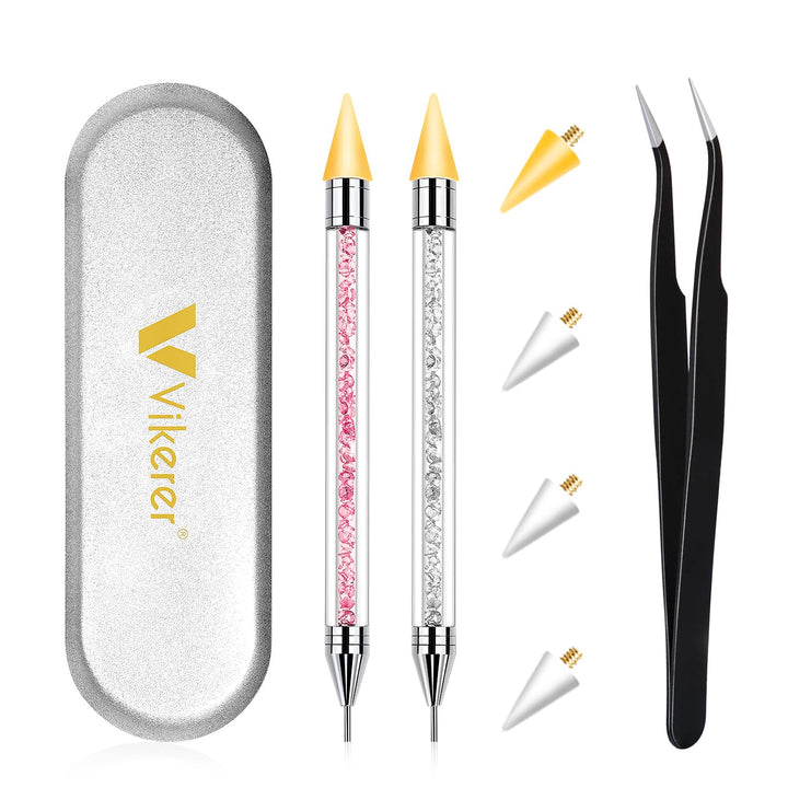 Rhinestone Picker Tool, Dual-Ended Rhinestones Applicator Nail Art Design Tool, 2 Pack Acrylic Handle Nail Pen with 4 Extra Wax Tips And1 Tweezer