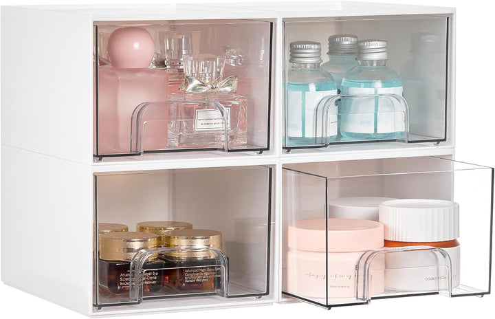 4 Pack Small Clear Stackable Storage Drawers,Acrylic Bathroom Makeup Organizer,Plastic Storage Bins for Vanity, Undersink, Kitchen Cabinets, Pantry, Home Organization