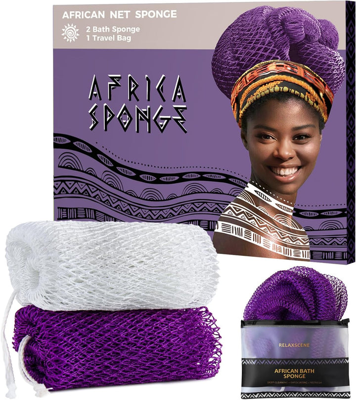 African Net Sponge Authentic - 2 Pieces Loofah Exfoliating Body Scrubber Bath Sponge - Back Scrubber Washcloth for Shower - Real African Scrub Exfoliator Body Care Bathing Accessories for Women
