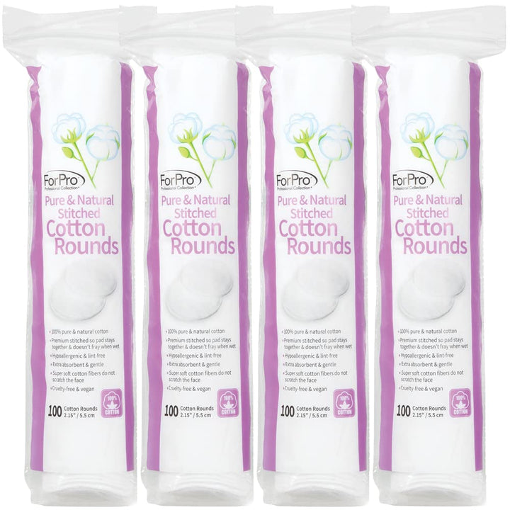 Forpro Pure & Natural Stitched Cotton Rounds for Face (400-Count), 100% Pure Cotton Makeup Remover Pads, Hypoallergenic, Lint-Free, Vegan & Cruelty-Free, Pack of 4-100 Cotton Pads