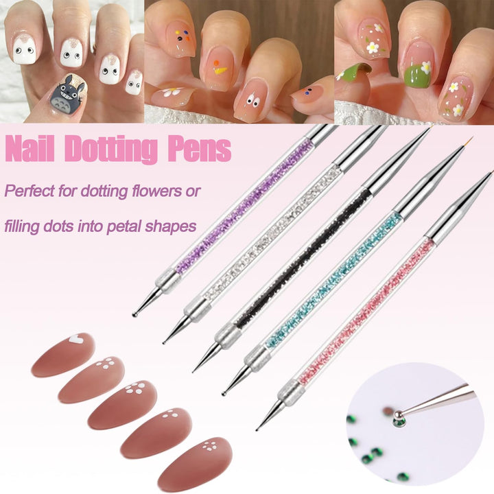 Nail Art Brushes, 5Pcs Double-Ended Acrylic Nail Brush Set with 5/7/10/12/15Mm Nail Liner Brushes and Dotting Pens for French Nails