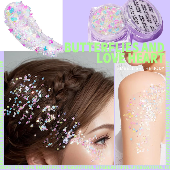 Face Glitter Body Glitter, Clear White Body Glitter Gel, Hair Glitter Gel, 6 Shapes Rave Glitter, Mermaid Sequins Makeup Glitters Face Paint, Chunky Sparkling Glitter Gel for Women