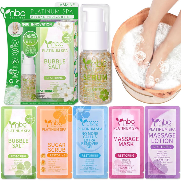 Pedicure Kit Foot Soak Set: Bubble Salt, Sugar Scrub, Massage Mask, Massage Lotion in a Box, 4 Step Foot Spa Kit for Dry Feet,Tired Feet（1 Set Lavender)