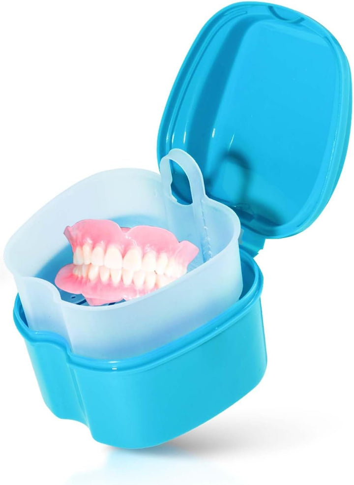 2 Pack Colors Denture Bath Case Cup Box Holder Storage Soak Container with Strainer Basket for Travel Cleaning (Light Blue and Blue)