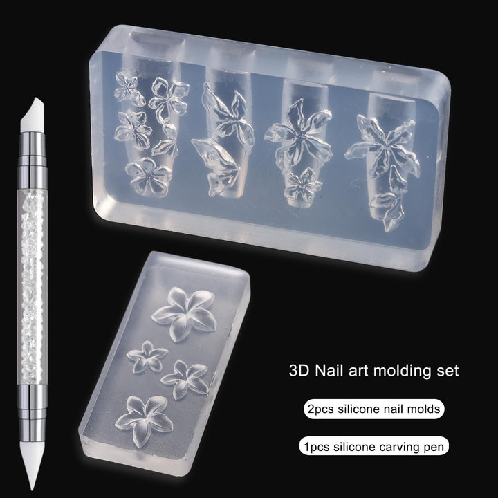Silicone Nail Molds, 2PCS Reusable Clear 3D Flowers Nail Art Molds with Carving Pen Cherry Blossom Plumeria Hibiscus Flower Nail Design Manicure Template DIY Charms Resin Craft Accessories