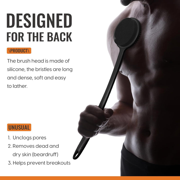 Silicone Back Scrubber for Shower, 17In Lengthen Long Handle Body Brush, Double Sided Shower Brush for Shower Exfoliating and Massage Can Produce Rich Foam, Long Handle Back Scrubber for Men.