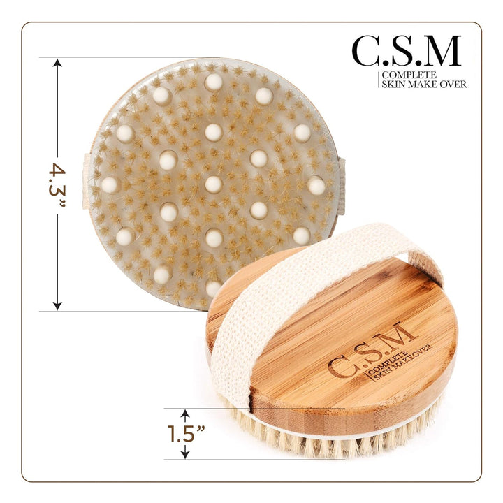 CSM Dry Brushing Body Brush for Lymphatic Drainage - Natural Boar Bristle Exfoliating Brush Set with Face Brush for Cellulite, Circulation & Glowing Skin