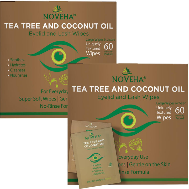 60Pcs Tea Tree & Coconut Oil Eyelid & Lash Wipes - for Demodex, Blepharitis & Itchy Eyes, Individually Wrapped Eyelash Wipes with Aloe Vera, Natural Makeup Remover & Daily Eye Cleanser