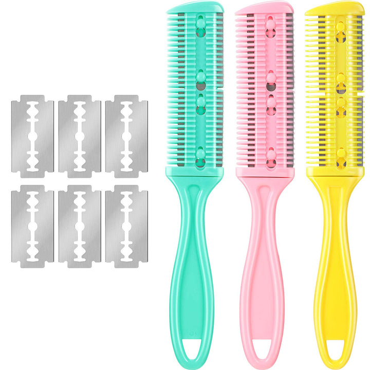 3 Pieces Hair Cutting Comb Set with 10 Razors, Double Edge Razor, Thinning Comb for Slim Haircuts (Green, Purple, Pink)