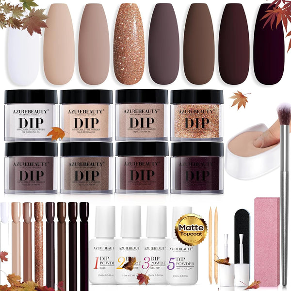 30Pcs Dip Powder Nail Kit Starter, 8 Colors Fall Nude Brown Glitter Purple Nude with Nail Sticks, Nail Art Liquid Set with Matte/Base/Top Coat Activator for French Manicure Salon