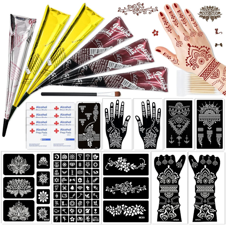 Temporary Tattoo Stencil Kit 10 Sheets, 6 Pcs Tattoo Cones 3 Color (Black/Brown/Cherry Red) with Brush/Cotton Swabstool, India Art Skin Painting Designs for Women Men Kids DIY Gifts