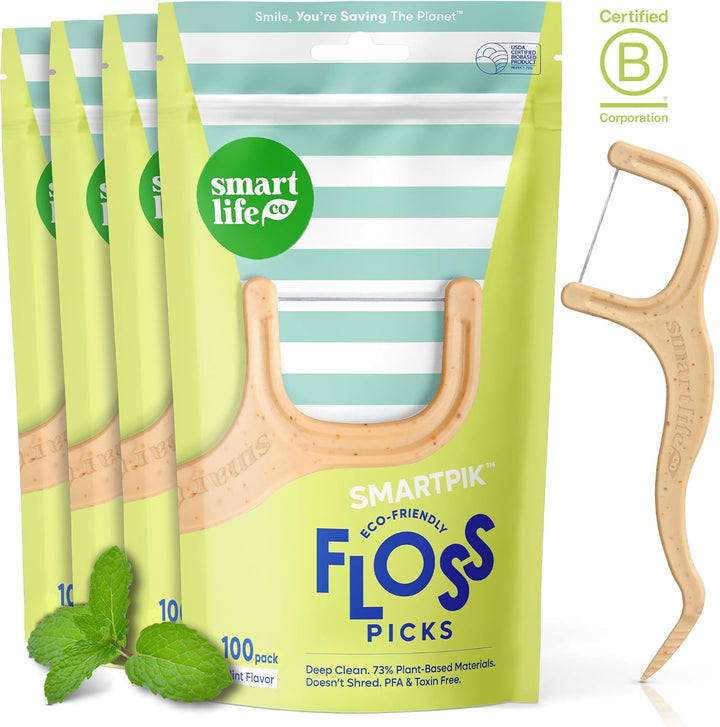 Eco-Friendly Dental Floss Picks (200Ct) - Flossers Made with Straw Wheat Blend, Superior Anti-Shred Thread for Tight Gaps, Tooth Pick Stick for Adults, Soft on Gum & Teeth, Vegan, Mint