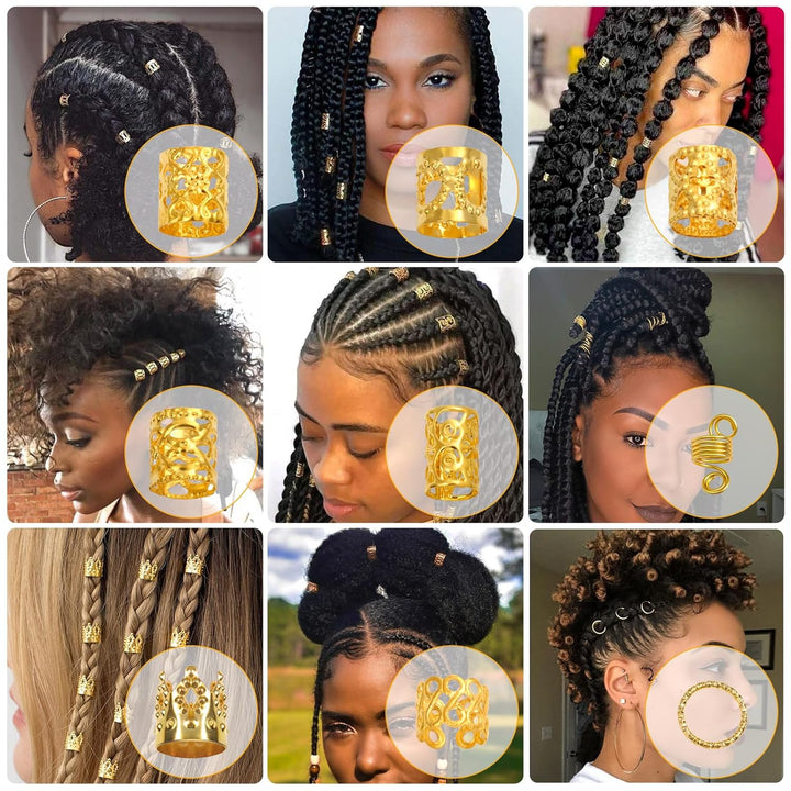 220 Pcs Gold Hair Jewelry for Braids, Loc Jewelry for Hair Dreadlock, Loc Charms for Women, Metal Gold Braids Rings Cuffs Clips for Dreadlock Accessories Clip Braids Extensions Decorations
