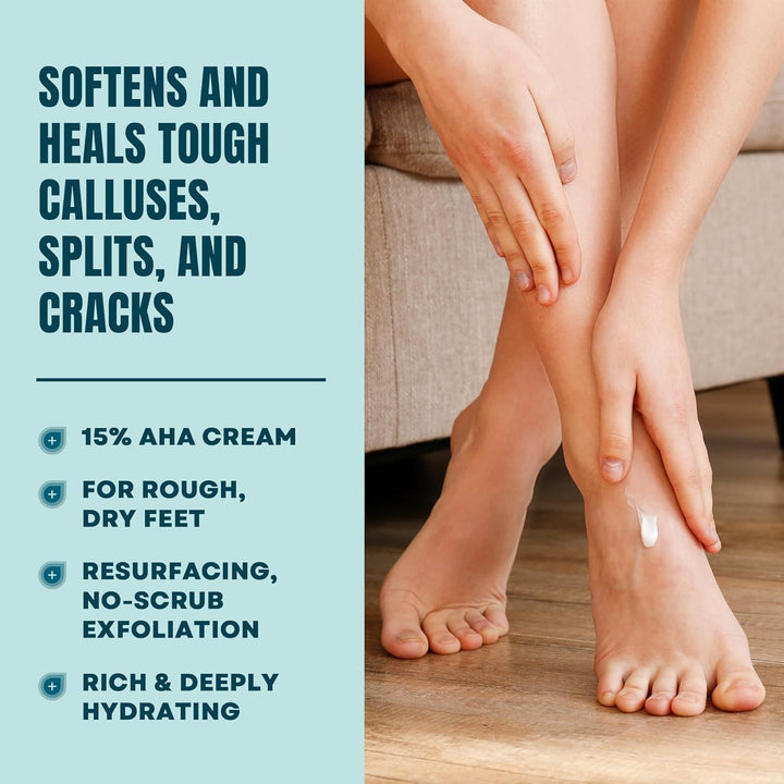 Foot Repair Cream - Therapeutic Foot Cream for Dry Cracked Heels and Feet - No-Scrub Exfoliator and Moisturizer with 15% Lactic Acid AHA - 3 Oz (Packaging May Vary)​