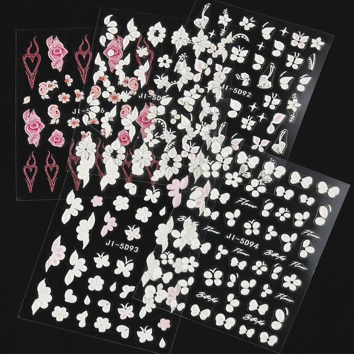 5D Embossed White Flowers Nail Stickers, 5 Sheets Self-Adhesive Floral Nail Decals, Spring Rose Butterfly Nail Art, 3D Acrylic Flowers for Manicure Decor