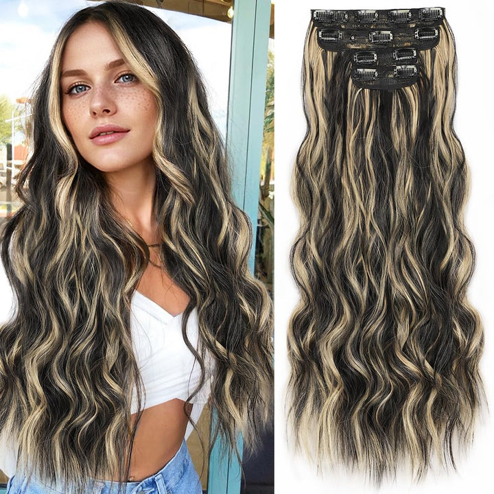 Clip in Long Wavy Synthetic Hair Extension 24 Inch Black 4PCS Thick Hairpieces Fiber Double Weft Hair for Women