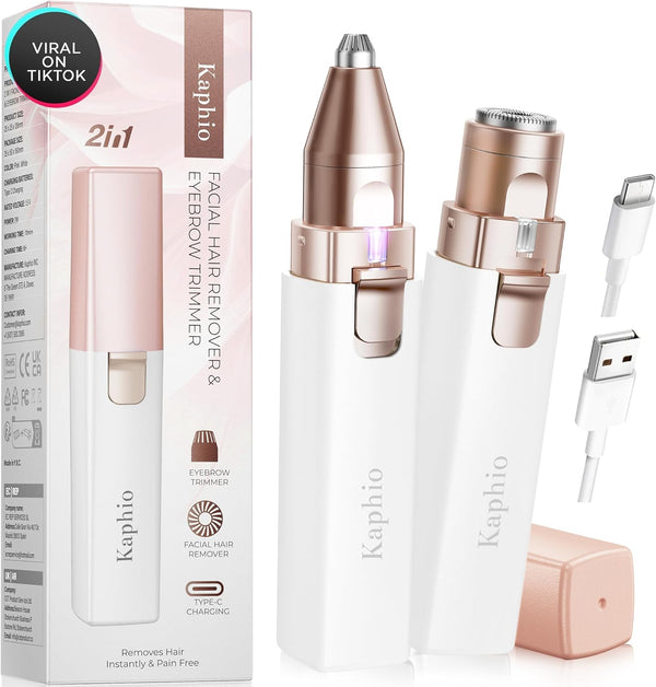 Eyebrow Facial Hair Remover for Women: Rechargeable 2 in 1 Face Shavers and Eyebrow Trimmer - Painless Electric Hair Removal Device for Face Eyebrows Lips Peach Fuzz with Light