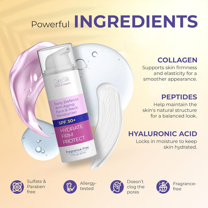 DD Cream Face Moisturizer SPF 30+ – Daily Defense with Hyaluronic Acid, Collagen & Peptides – Lightweight, Fragrance-Free, Reef Safe – 1.7 Fl Oz (1.7, Women)