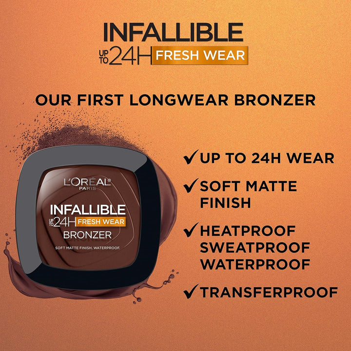 Infallible up to 24H Fresh Wear Soft Matte Longwear Bronzer. Waterproof, Heatproof, Transfer, Humidity and Sweatproof, Fair, 0.31 Oz