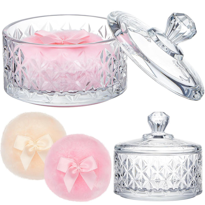 3 Pcs Large Body Powder Puff and Container Powder Container with Puff Crystal Case Soft Washable Reusable Velour Face Body Glitter Wet Dry Makeup(Simple,Clear)