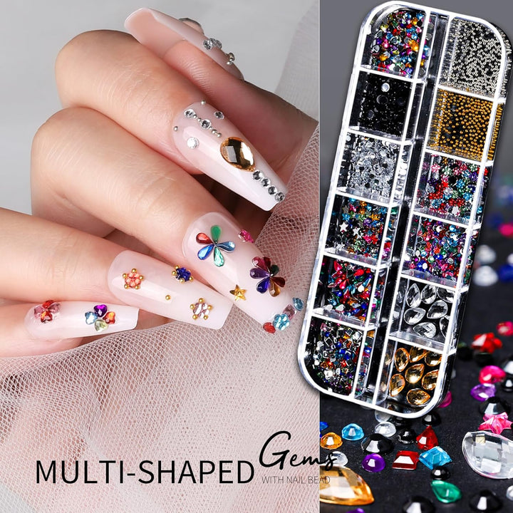 Nail Charms Nail Gems with 15 Sheets Gold Nail Stickers, 6 Boxes of Rhinestones for Nails Art Tools, 3D Nail Decals Pearls for Nails