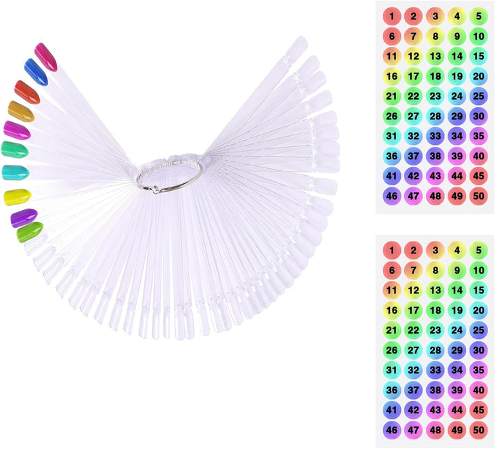 100 Ps Fan-Shaped Nail Swatch Sticks with Number Stickers, Nail Practice Sticks, Color Display Wheel, Sample Tips(Transparent)